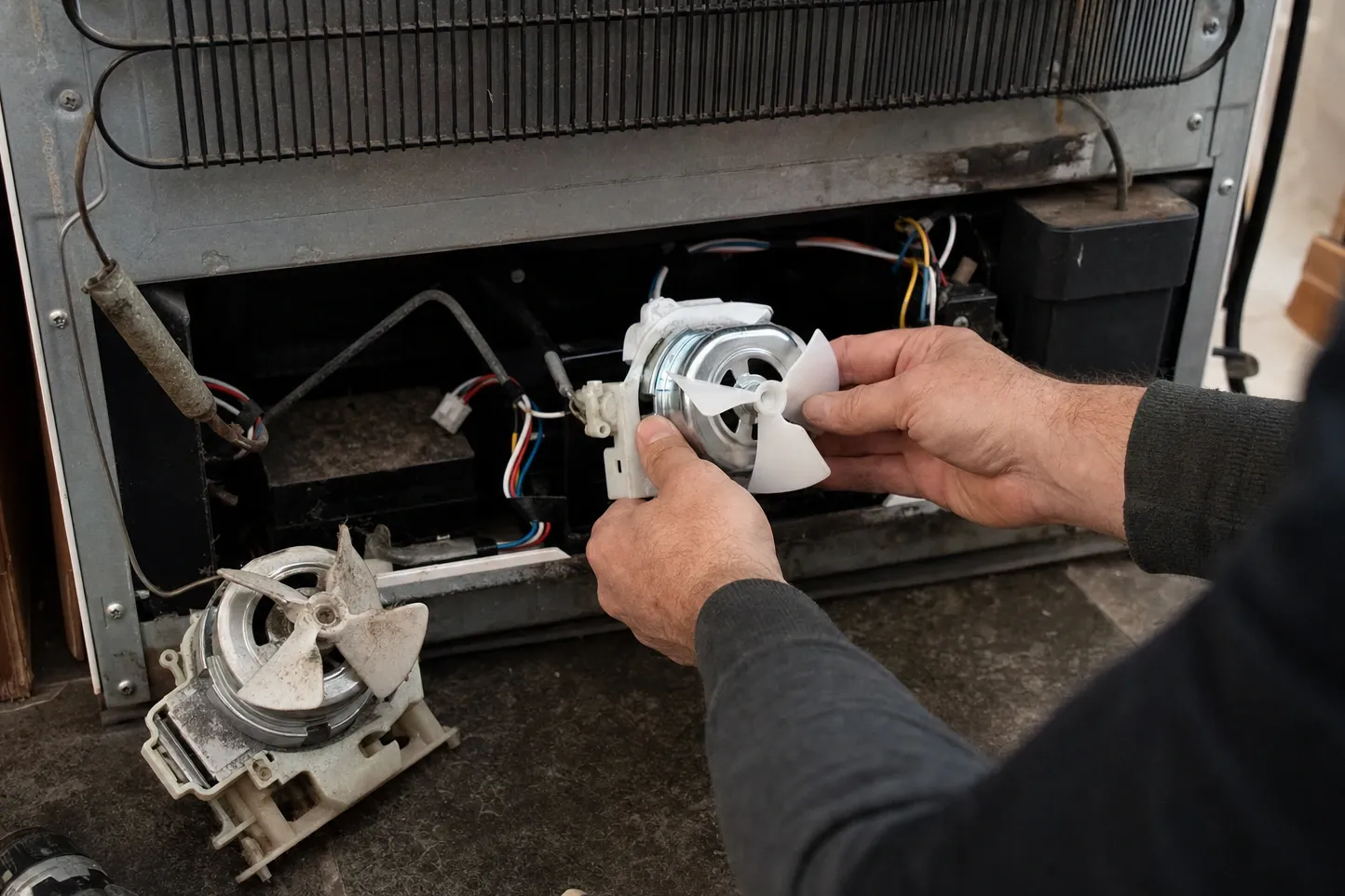Hands holding a replacement condenser fan motor in front of an open machine compartment, the dust-caked original on the floor