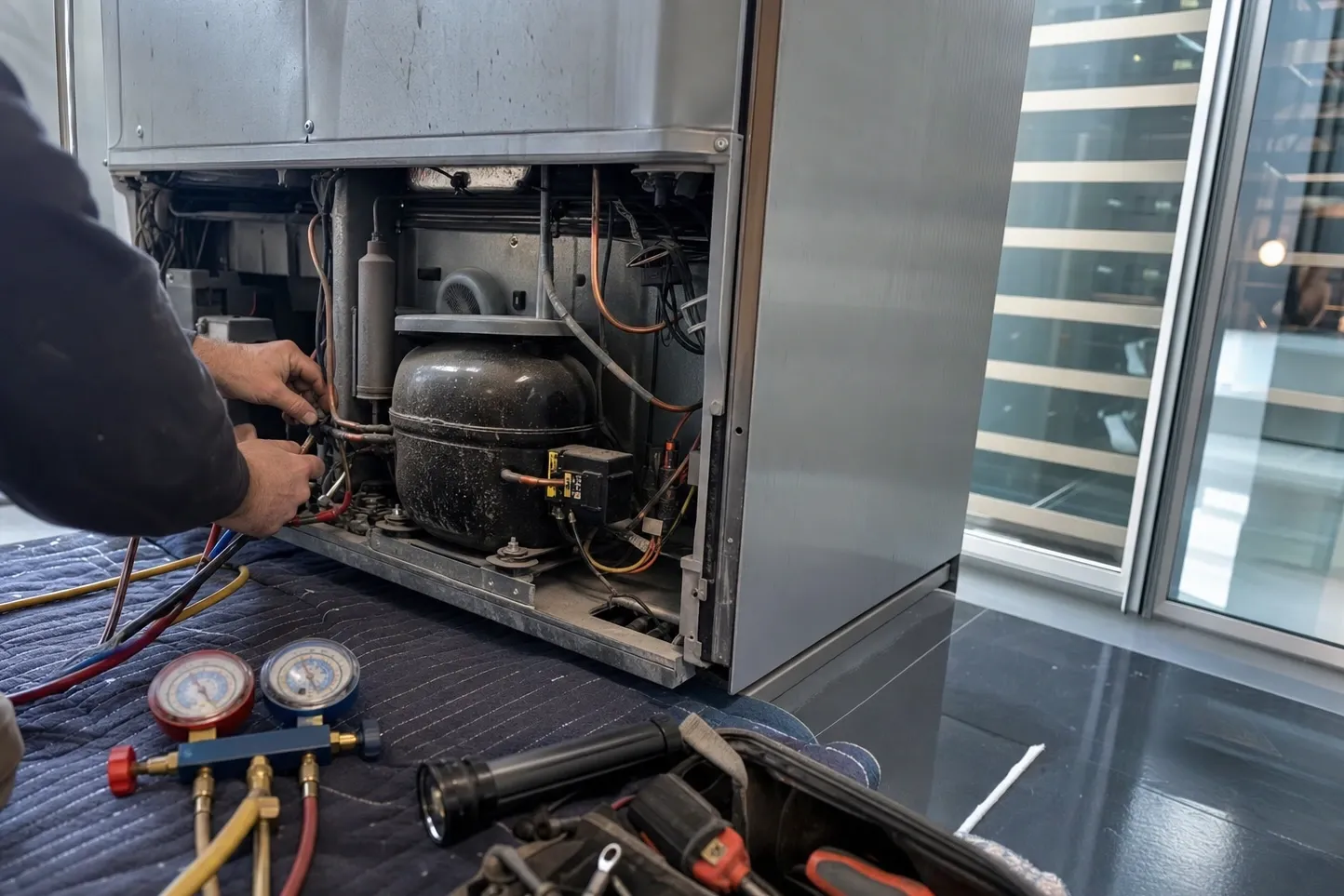 Manifold gauge set, flashlight and tool bag on a blanket beside the open compressor compartment of a stainless built-in refrigerator