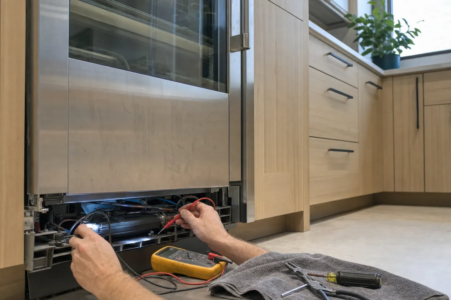 Multimeter probes held at the lower grille of a tall stainless glass-door refrigeration column in an oak kitchen