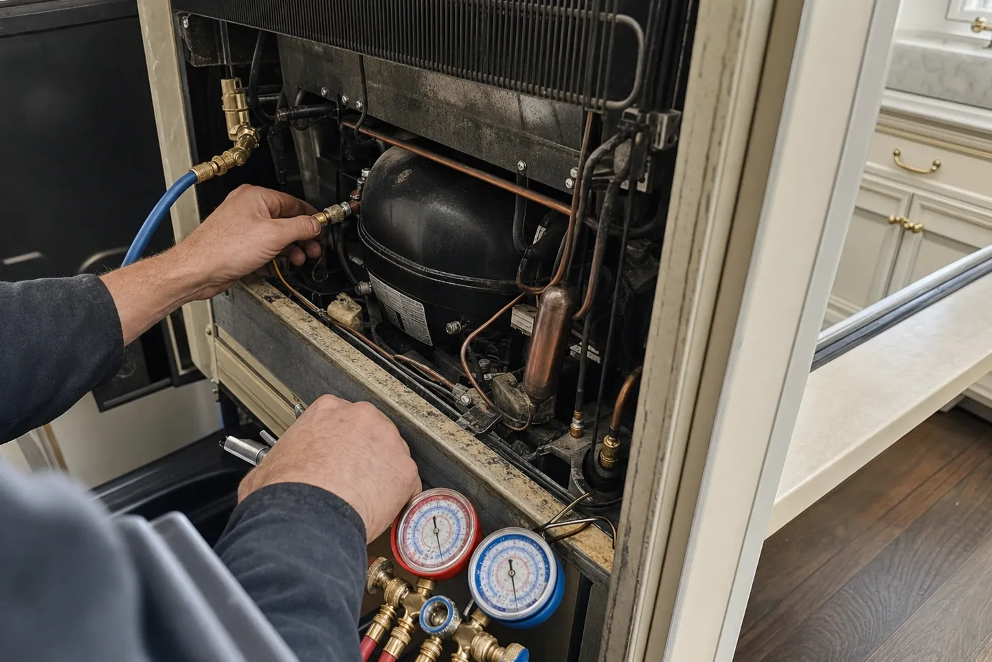 Lower grille removed from a built-in in a cream kitchen, exposing compressor, condenser and filter drier while a hose is connected to a fitting